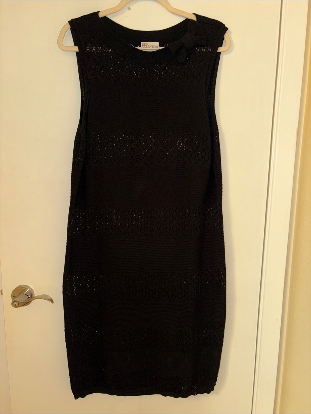 RED Valentino Sleeveless Black Knit Shift Dress with Bow Detail